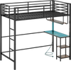Twin loft bed in black metal with integrated desk, RGB LED lights, and charging station for versatile workspace use.