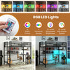 Twin loft bed with desk featuring RGB LED lights, built-in charging station, and heavy-duty metal frame in black.