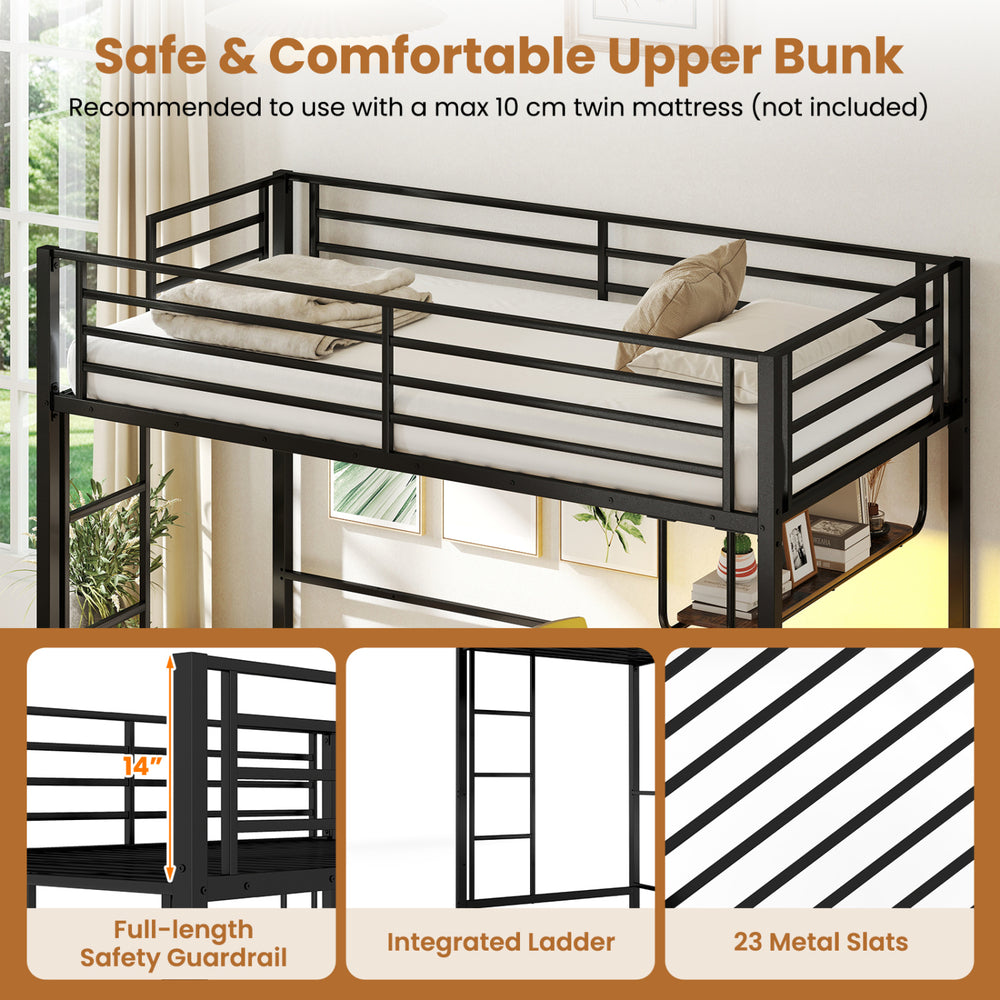 Twin loft bed with integrated ladder, full-length guardrail, and charging station for safe, stylish sleeping and.