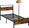 Twin metal bed frame with rustic wood headboard, showcasing a sturdy design with reinforced screws for heavy-duty.