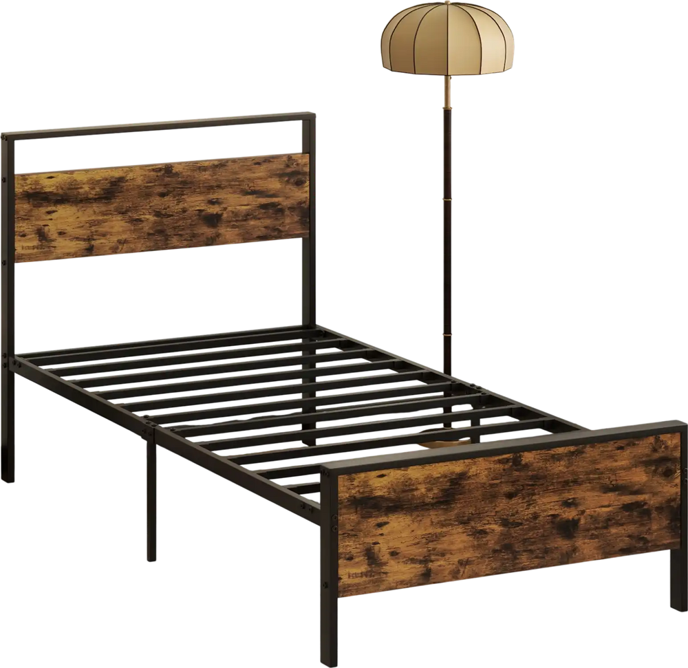 Twin metal bed frame with rustic wood headboard, showcasing a sturdy design with reinforced screws for heavy-duty.