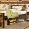 Twin metal bed frame with rustic wood headboard, featuring 12.5” under-bed storage for boxes and shoes.