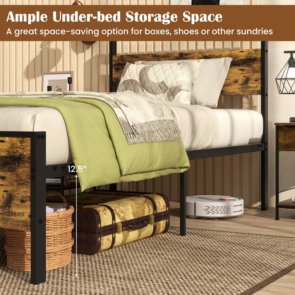 Twin metal bed frame with rustic wood headboard, featuring 12.5” under-bed storage for boxes and shoes.