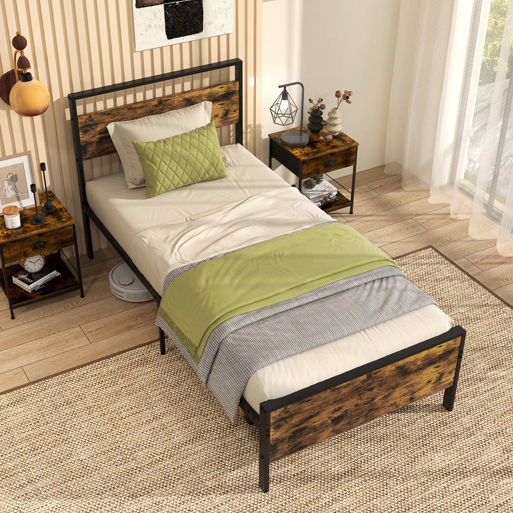 Twin metal bed frame with rustic wooden headboard, showcasing a cozy bedding arrangement and stylish decor for a warm.
