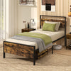 Twin metal bed frame with rustic wooden headboard, sturdy construction, and anti-slip foot pads for stability.