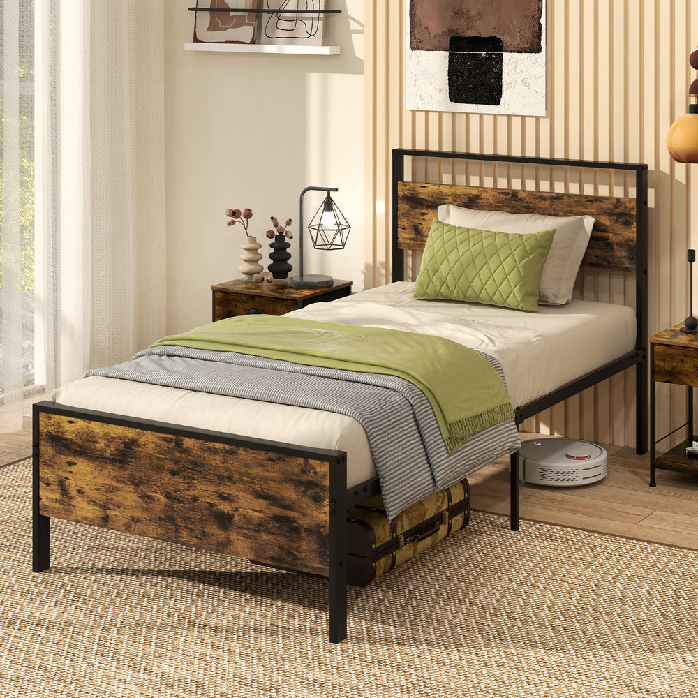 Twin metal bed frame with rustic wooden headboard, sturdy construction, and anti-slip foot pads for stability.
