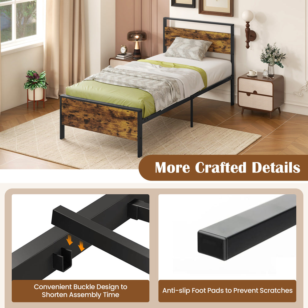Twin metal bed frame with rustic wood headboard, featuring anti-slip foot pads and convenient buckle design for easy.