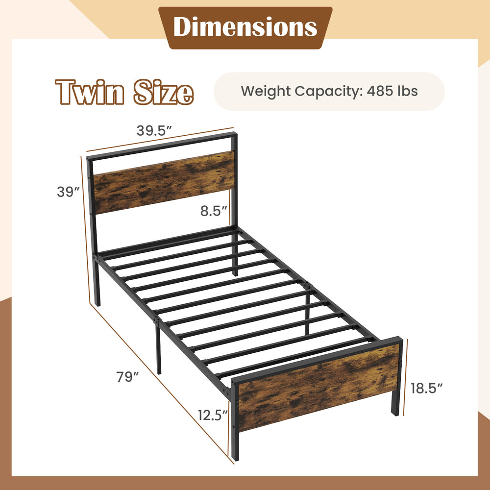 Twin metal bed frame with rustic wooden headboard, featuring sturdy slats and anti-slip foot pads for stability.