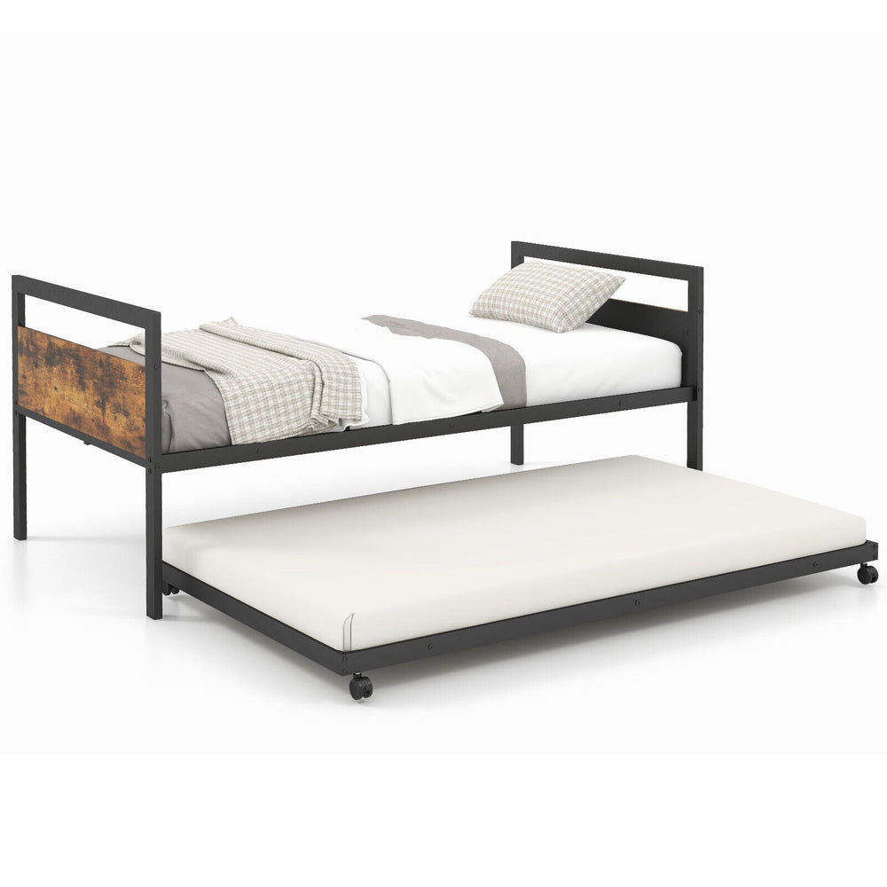 Twin metal daybed with trundle on lockable wheels, featuring sturdy slats and an industrial design for versatile use.