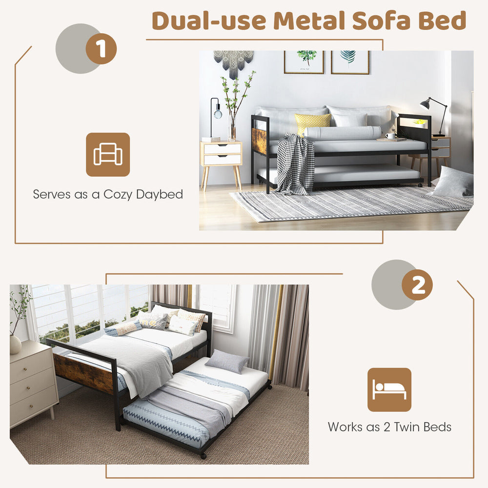 Twin metal daybed with trundle, featuring sturdy metal slats and lockable wheels, ideal for living room or guest room.