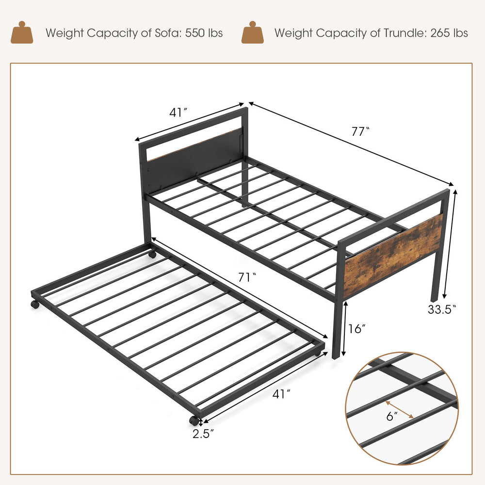 Twin metal daybed with trundle, featuring powder-coated slats and lockable wheels, perfect for living room or guest.