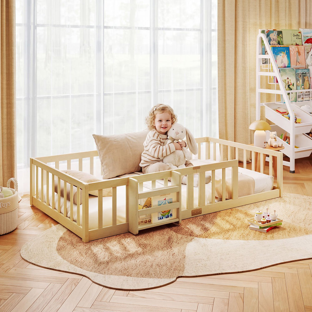 Twin Montessori Floor Bed with Bookshelf Door Plywood Crossbars Safety Guardrails-Natural - Gallery View 1 of 10