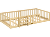 Twin Montessori floor bed with bookshelf door, natural wood guardrails and plywood crossbars shown from an angled view.