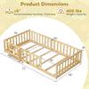 Twin Montessori floor bed frame dimensions shown, with natural pine wood, plywood supports, and safety guardrails.