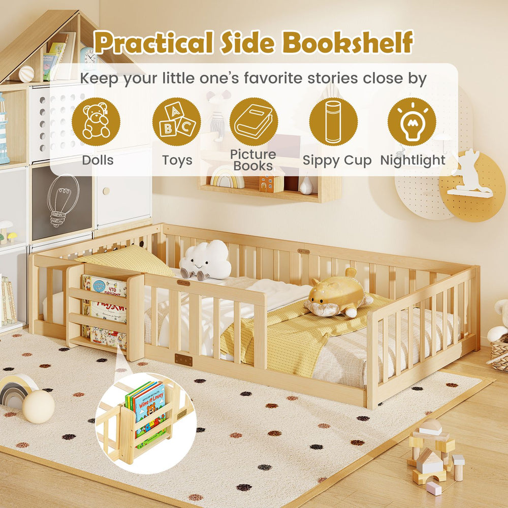 Twin Montessori floor bed with bookshelf door, natural pine wood, safety guardrails, and picture books nearby.