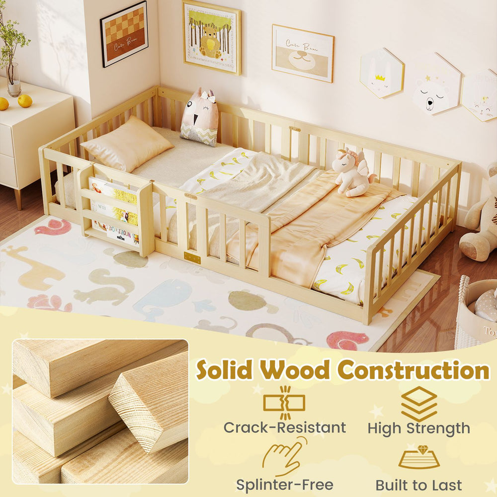 Natural twin Montessori floor bed with bookshelf door, plywood crossbars and safety guardrails in a child’s room.