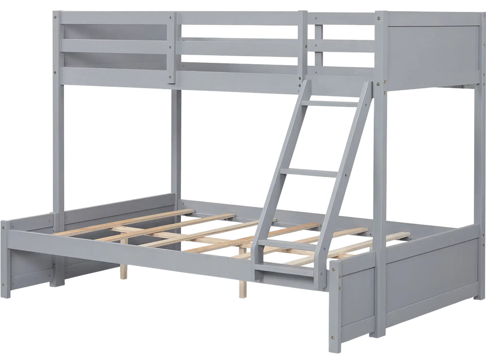 Twin over full bunk bed in gray with a 3-step ladder and full-length guardrails, ideal for kids' rooms and dorms.