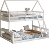 Twin over full house bunk bed in white with ladder and guardrails, perfect for kids' rooms and space-saving.