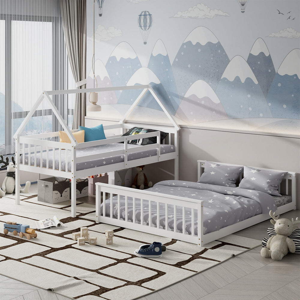 House-shaped twin over full bunk bed in white, featuring separate sleeping areas and a charming design for kids' rooms.