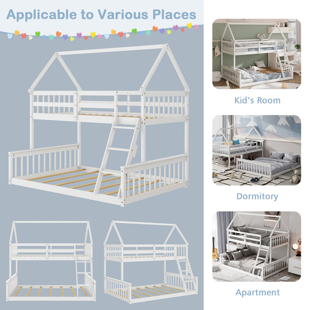 Twin over full house bunk bed in white with ladder and guardrails, ideal for kids' rooms and saving space.