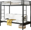 Twin over futon bunk bed in black with adjustable lower sofa, safety guardrails, and two integrated ladders for.