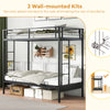 Twin over futon bunk bed in black with safety guardrails and wall-mounted kits for secure placement in any room.