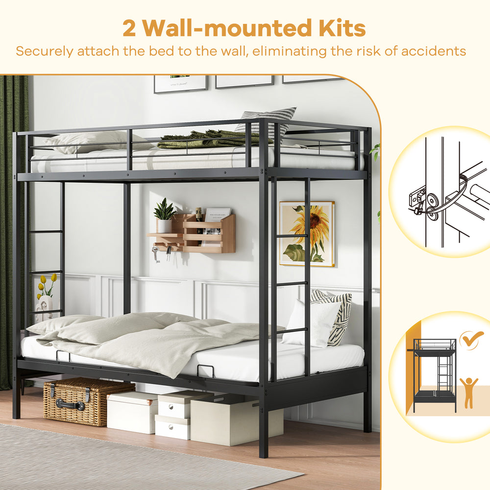 Twin over futon bunk bed in black with safety guardrails and wall-mounted kits for secure placement in any room.