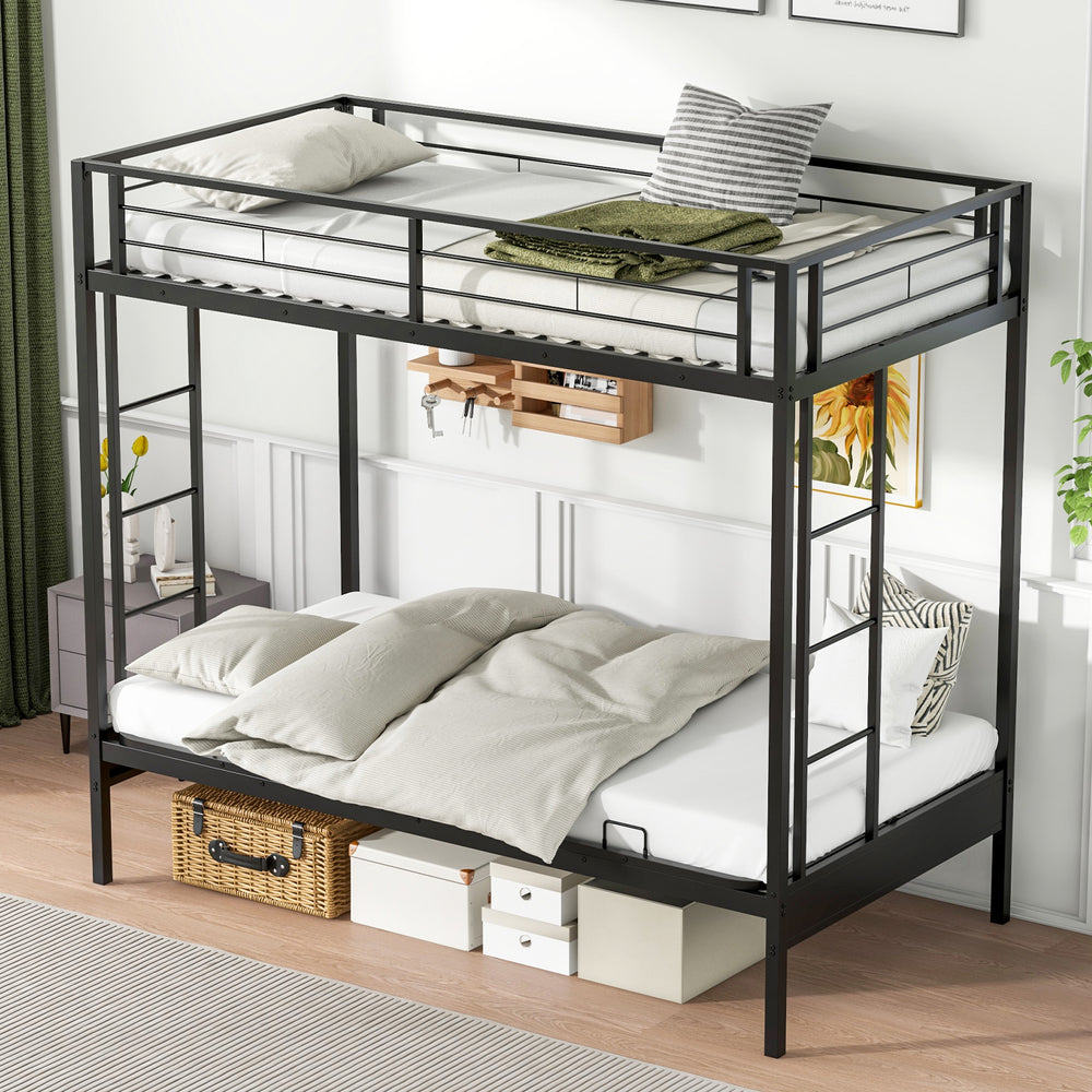 Twin over futon bunk bed in black with safety guardrails, featuring adjustable lower sofa and two integrated ladders.