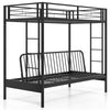 Twin over futon bunk bed in black with two ladders and safety guardrails, ideal for guest rooms or dorms.