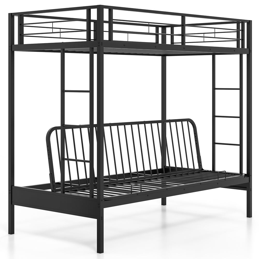 Twin over futon bunk bed in black with two ladders and safety guardrails, ideal for guest rooms or dorms.