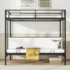 Twin over futon bunk bed in black with adjustable lower sofa, safety guardrails, and two ladders for versatile use.