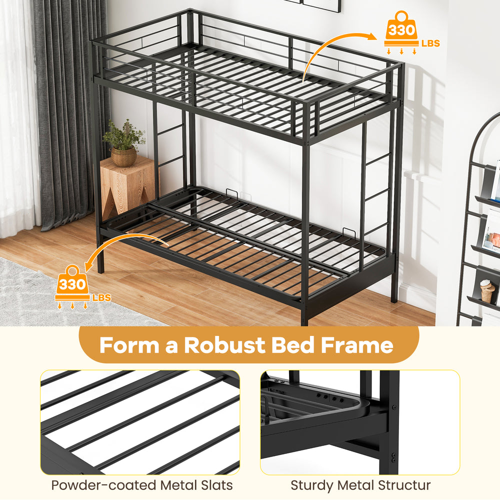 Twin over futon bunk bed in black with sturdy metal structure and safety guardrails, ideal for guest rooms or dorms.