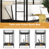 Twin over futon bunk bed in black, showcasing adjustable lower sofa position for versatile seating and sleeping options.
