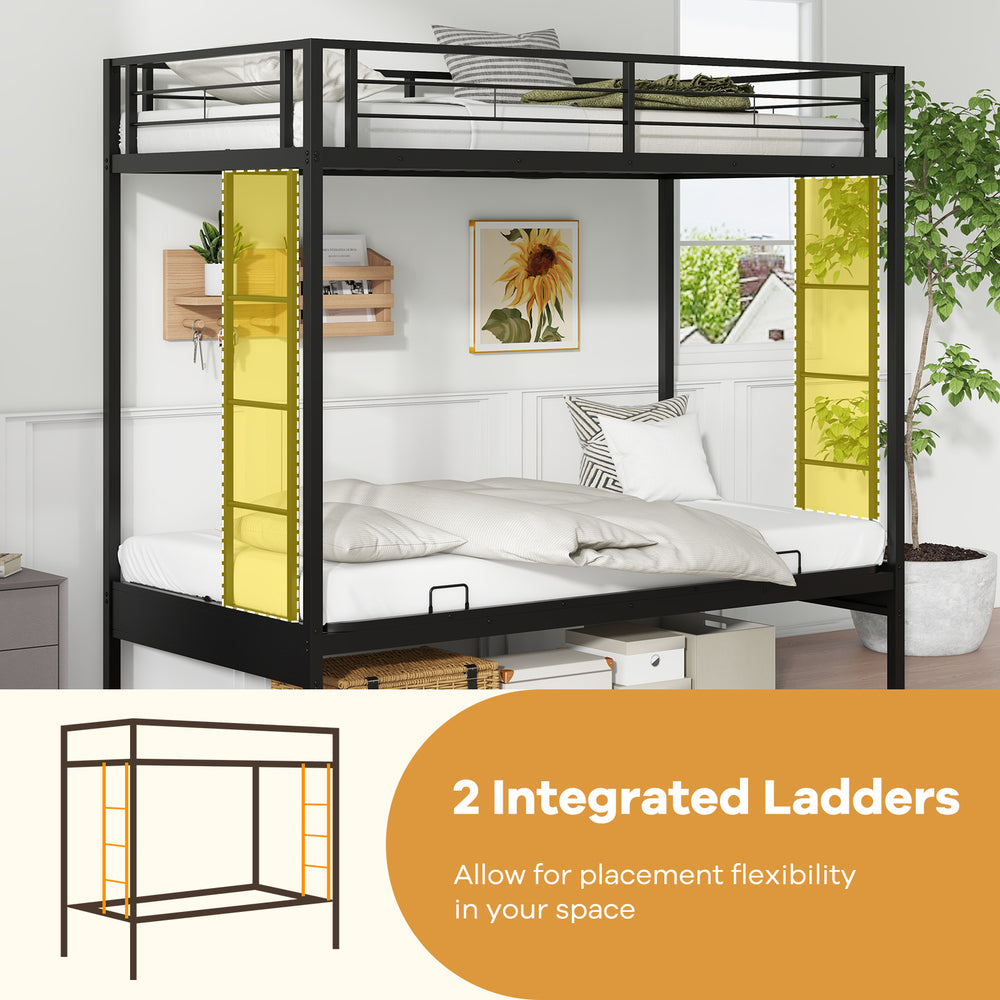 Twin over futon bunk bed in black with 2 integrated ladders and safety guardrails, ideal for versatile space usage.