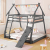 Twin Over Queen Bunk Bed Wooden Kids Bed with Climbing Nets and Ramp-Gray - Gallery View 1 of 10