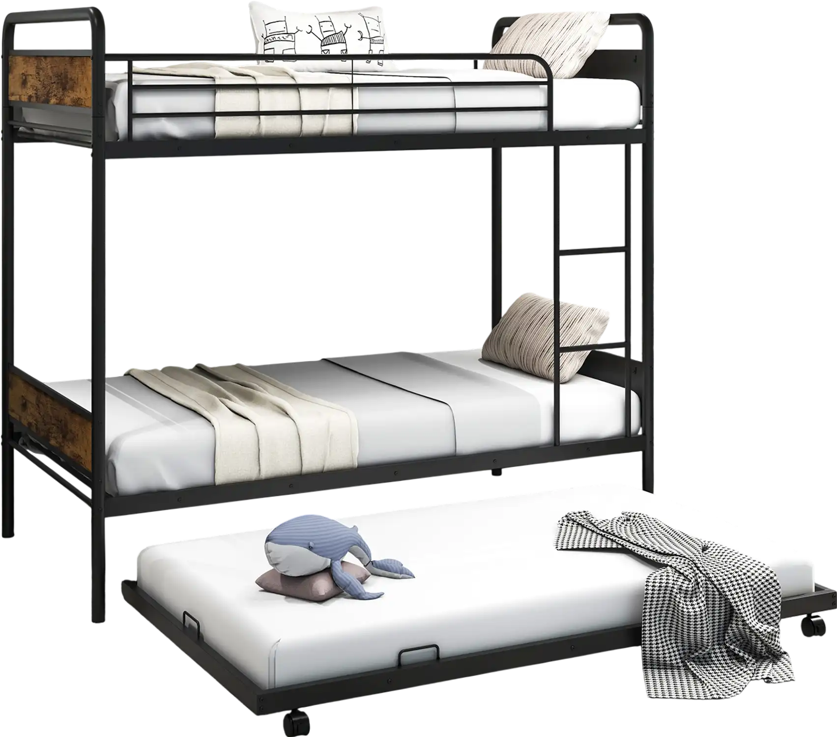 Costway Twin Over Twin Bunk Bed w/ Trundle Ladder Full-Length Guardrails Black 23915674 New