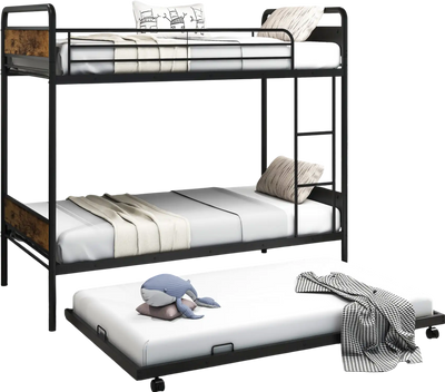 Costway Twin Over Twin Bunk Bed w/ Trundle Ladder Full-Length Guardrails Black 23915674 New