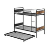 Twin over twin bunk bed with trundle in black metal, featuring guardrails and integrated ladder for safe sleeping.