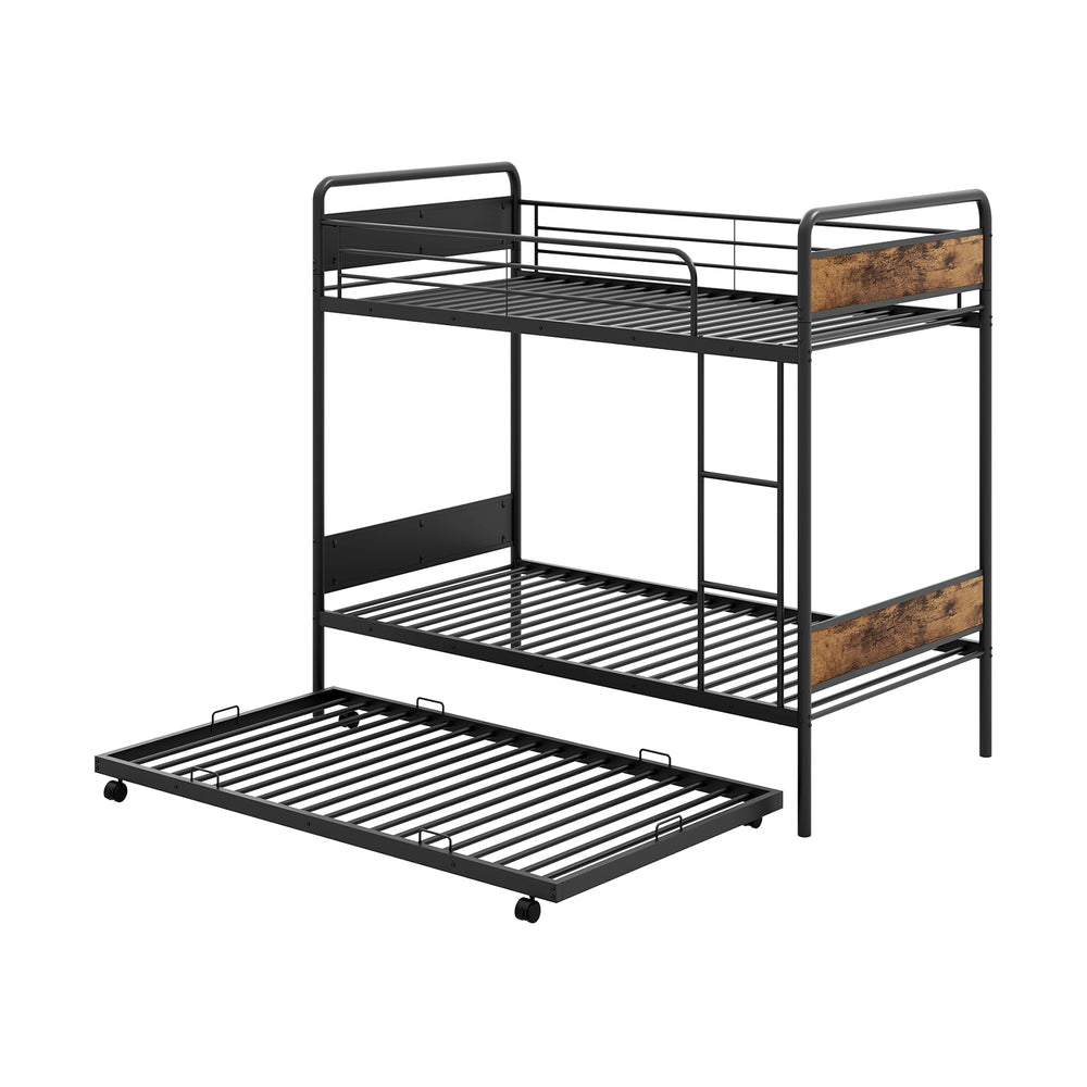 Twin over twin bunk bed with trundle in black metal, featuring guardrails and integrated ladder for safe sleeping.