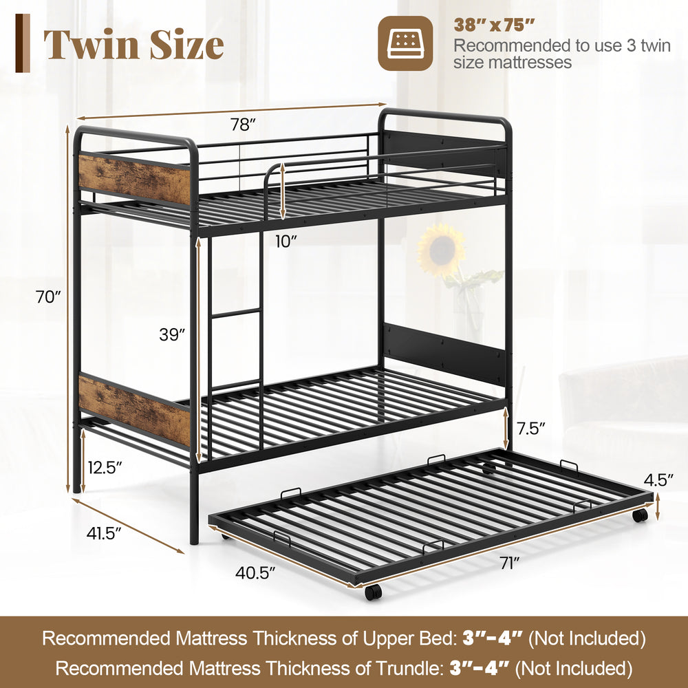 Twin over twin bunk bed with trundle in black, featuring a sturdy metal frame and full-length guardrails for safety.