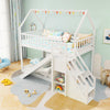 Twin over twin bunk bed in white with slide, staircase, and house-shaped frame for fun and functional bedroom storage.
