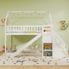Twin over twin bunk bed in white with slide and staircase, featuring a house-shaped frame and storage compartments.