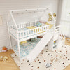 Twin over twin bunk bed in white with slide, staircase, and decorative house frame for fun and storage.