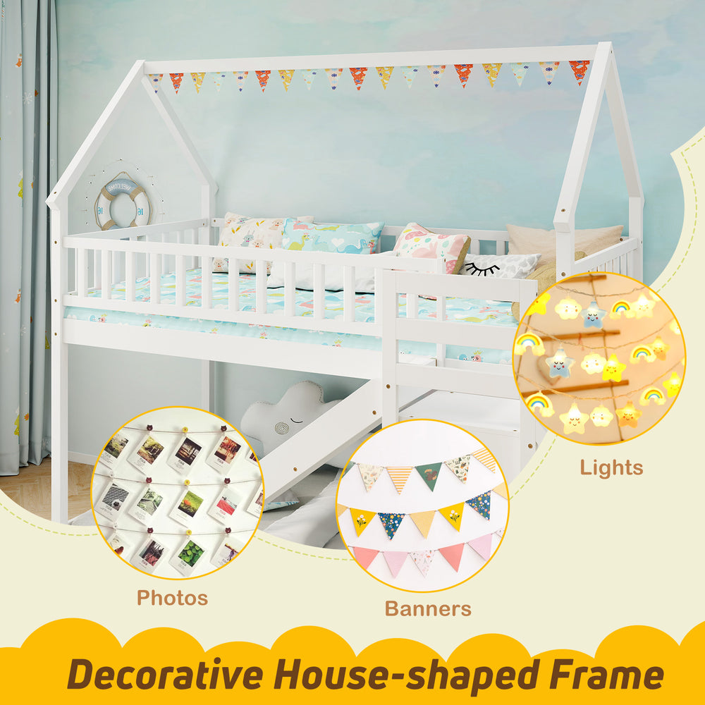 Twin over twin bunk bed with decorative house-shaped frame, slide, and staircase for fun and functional bedroom use.