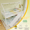 Twin over twin bunk bed with slide and staircase in white, featuring a decorative house-shaped frame and storage.