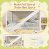 Twin over twin bunk bed in white with slide and staircase, featuring under-bed space for toys and storage compartments.