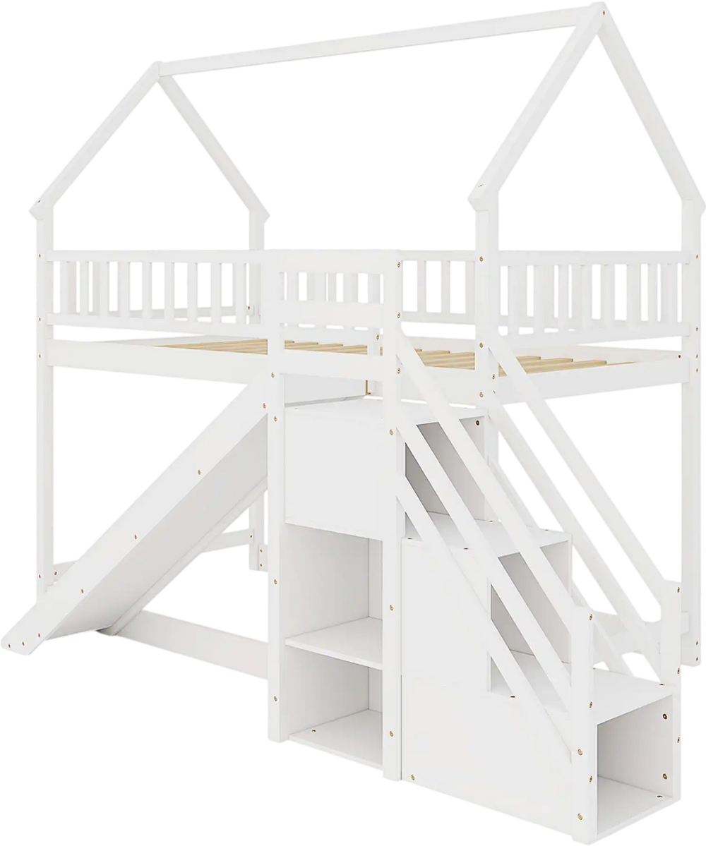 Twin over twin bunk bed with slide and staircase in white, featuring storage compartments and a decorative house-shaped.