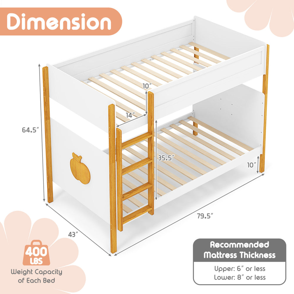 Twin over twin bunk bed with integrated ladder, solid wood frame, and safety guardrails, ideal for kids' rooms.