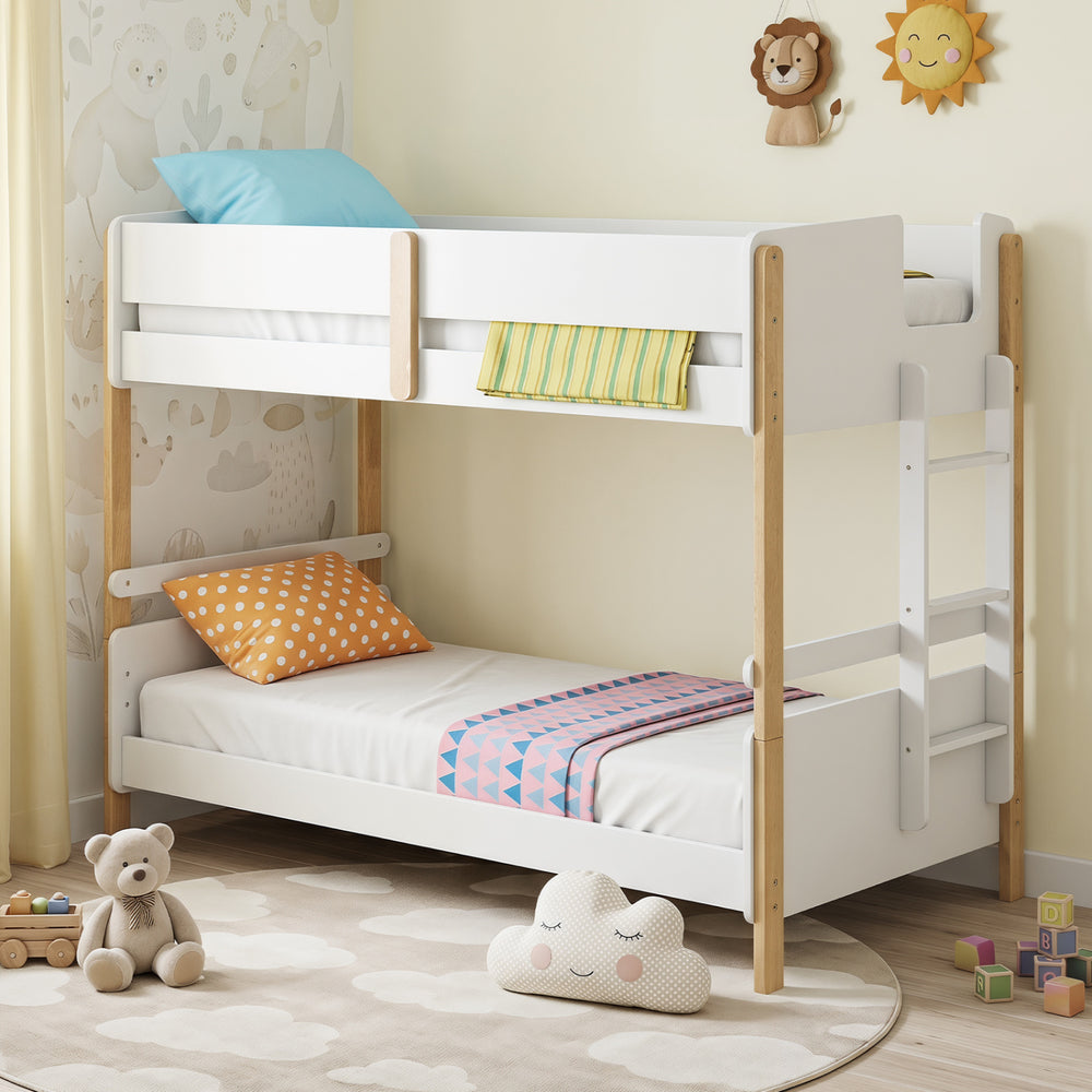Twin Over Twin Bunk Bed with Ladder Convertible to 2 Twin Beds Toddler Wood Bunk Bed-White - Gallery View 1 of 10