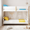 Twin over twin bunk bed in white wood, convertible to two twin beds, featuring a secure ladder and high guardrails for.